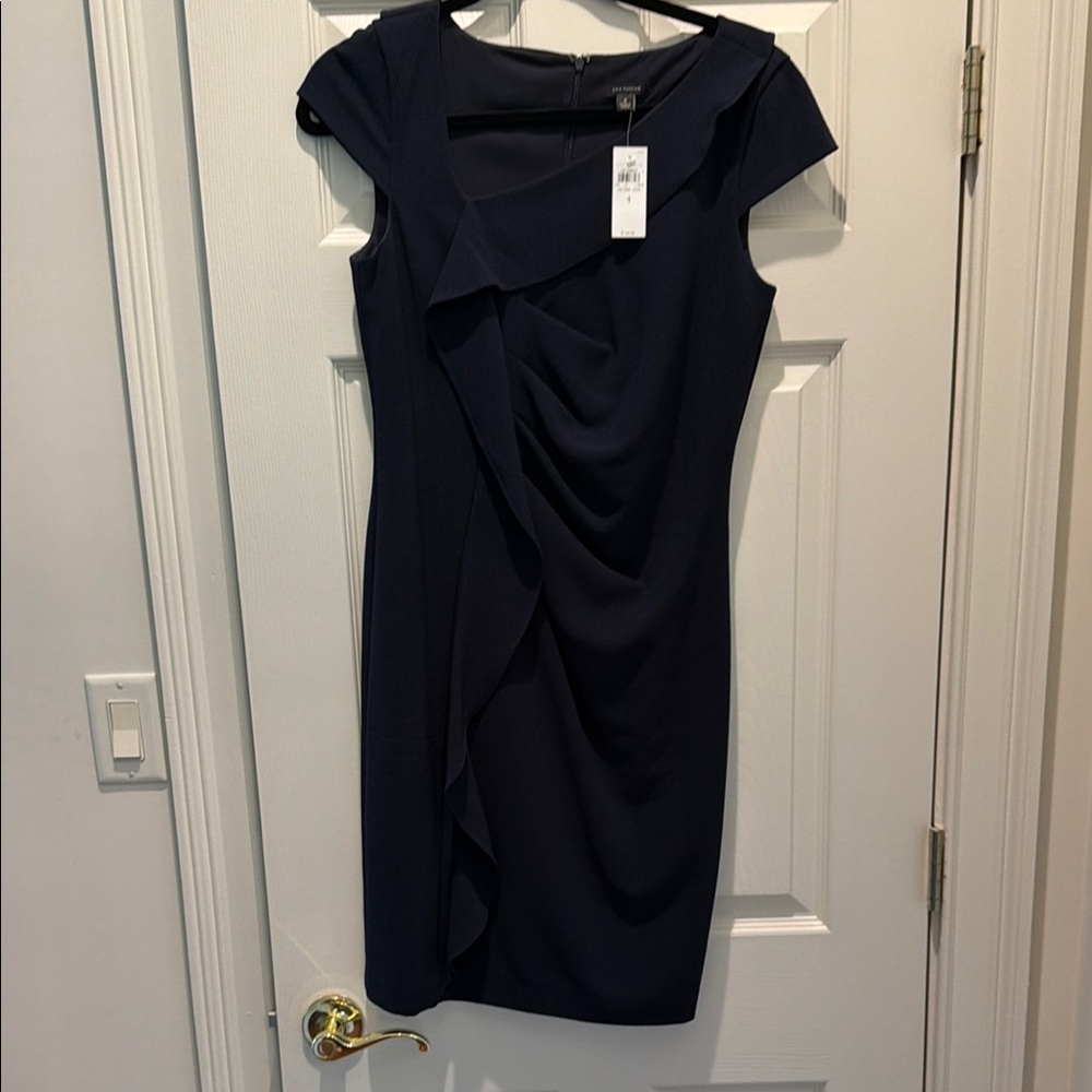 Ann Taylor Navy Ruffle-Front Cap-Sleeve Midi Dress. NWT. Sz 4